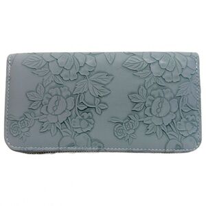 Slate Blue 7.5" Faux Leather Embossed Floral Wallet Wrist Strap Zipper New